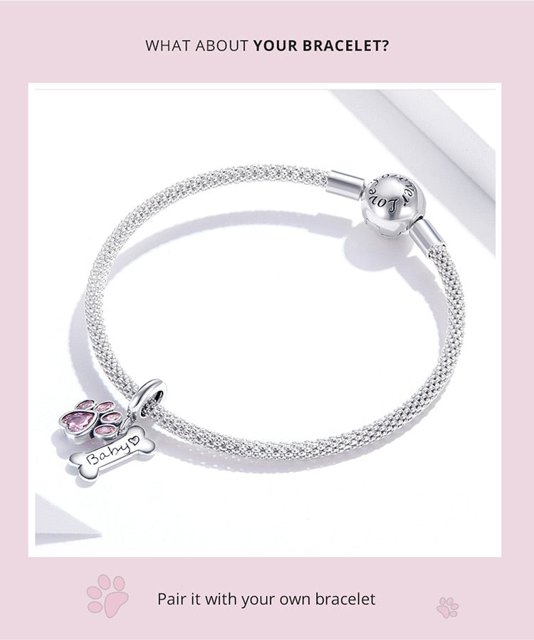 925 Sterling Silver Paw Print Pink Zircon Bone Charm CQC1680