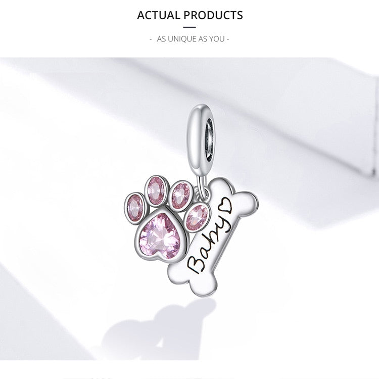 925 Sterling Silver Paw Print Pink Zircon Bone Charm CQC1680