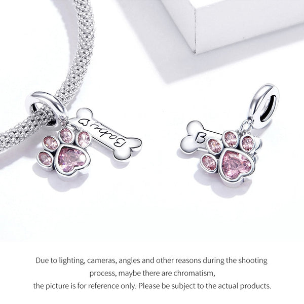 925 Sterling Silver Paw Print Pink Zircon Bone Charm CQC1680