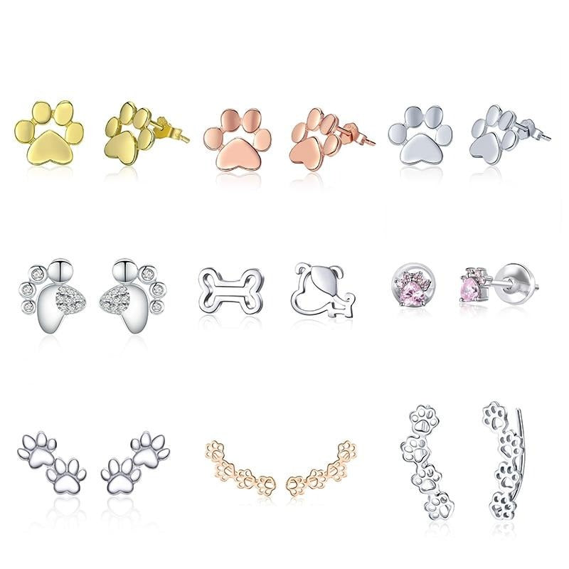 925 Sterling Silver Paw Print Dog Bone Stud Earrings