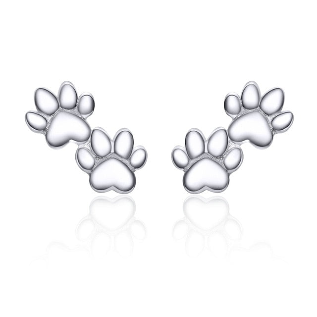 925 Sterling Silver Paw Print Dog Bone Stud Earrings