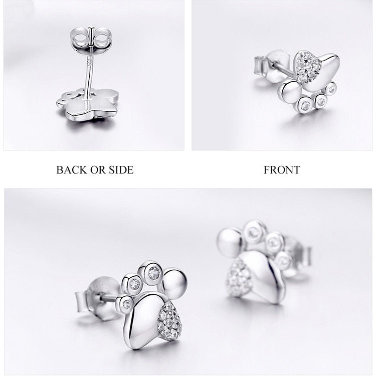 925 Sterling Silver Paw Print Dog Bone Stud Earrings