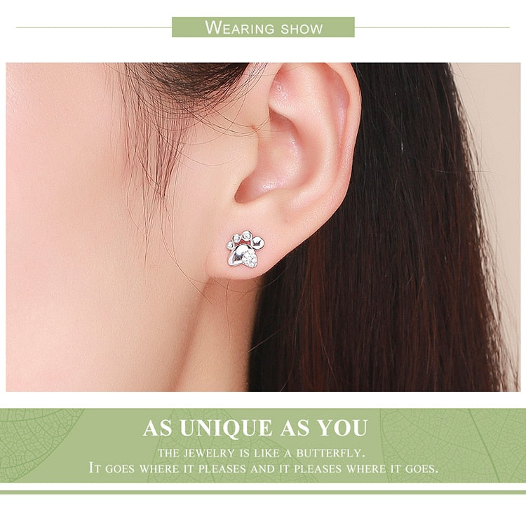 925 Sterling Silver Paw Print Dog Bone Stud Earrings