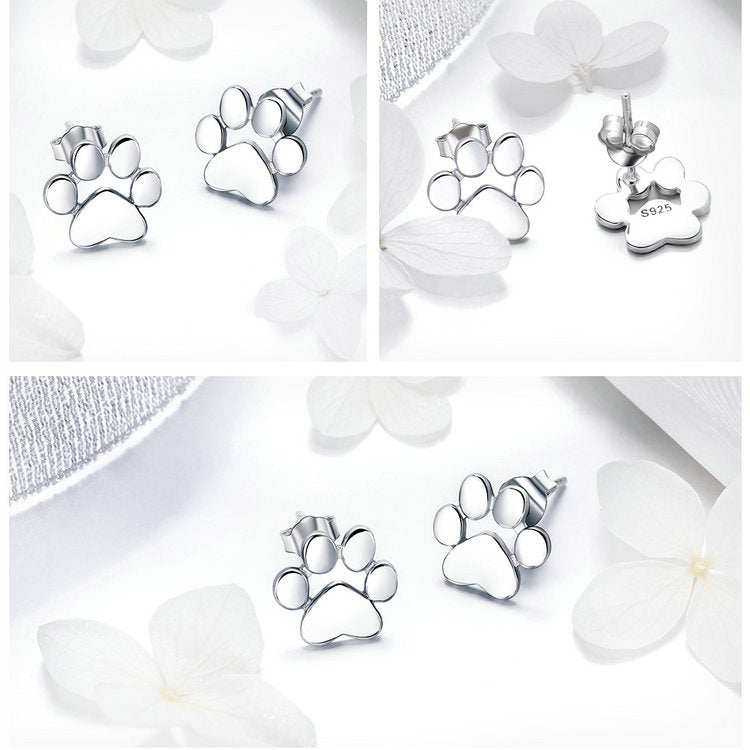 925 Sterling Silver Paw Print Dog Bone Stud Earrings