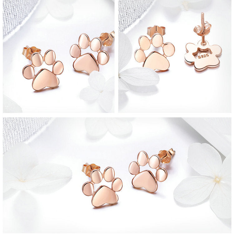 925 Sterling Silver Paw Print Dog Bone Stud Earrings