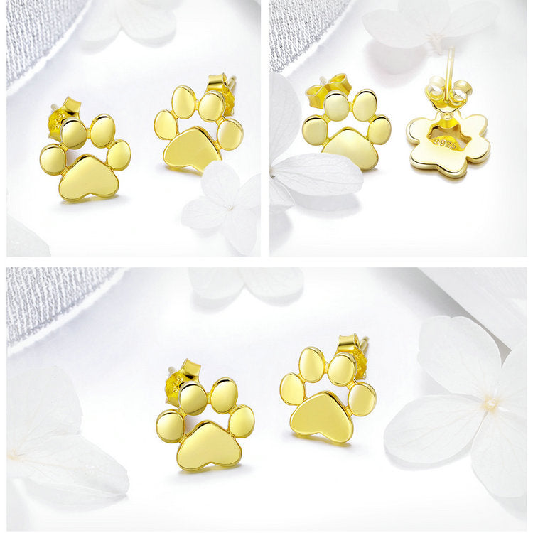 925 Sterling Silver Paw Print Dog Bone Stud Earrings
