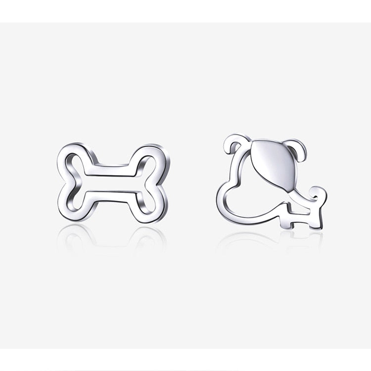 925 Sterling Silver Paw Print Dog Bone Stud Earrings