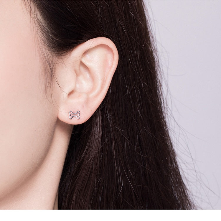 925 Sterling Silver Paw Print Dog Bone Stud Earrings