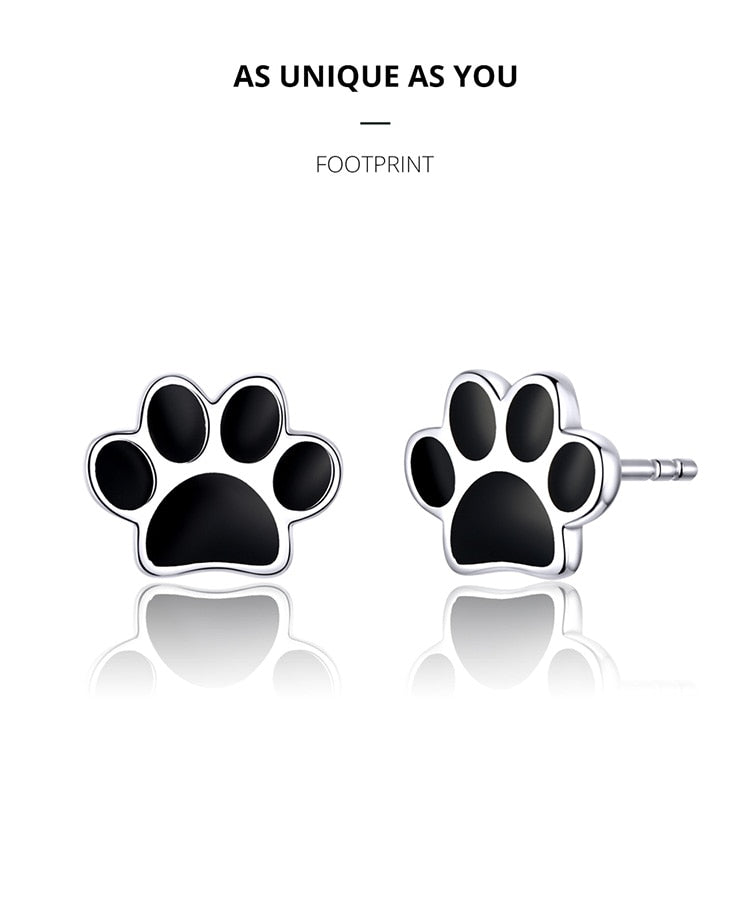 925 Sterling Silver Paw Print Black Stud Earrings FIE757
