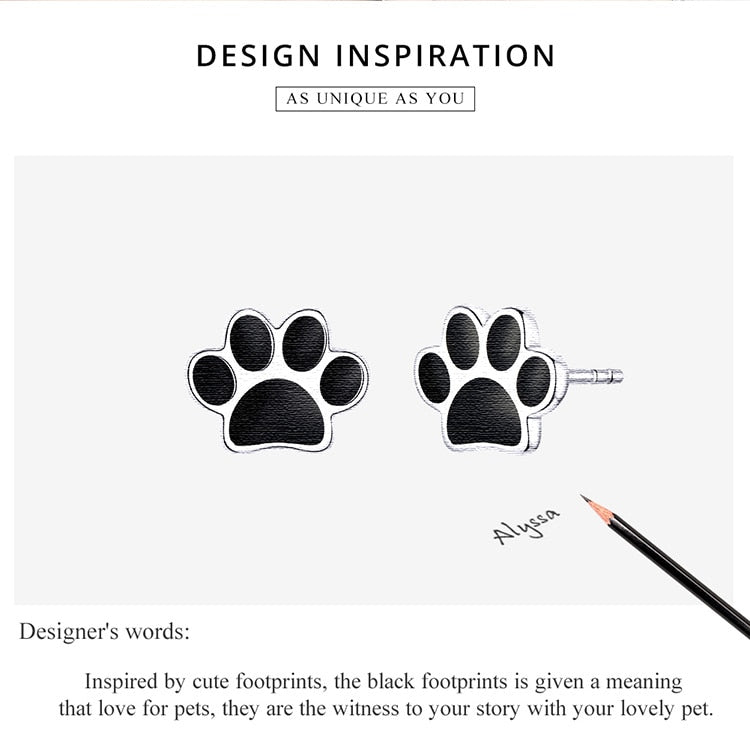 925 Sterling Silver Paw Print Black Stud Earrings FIE757