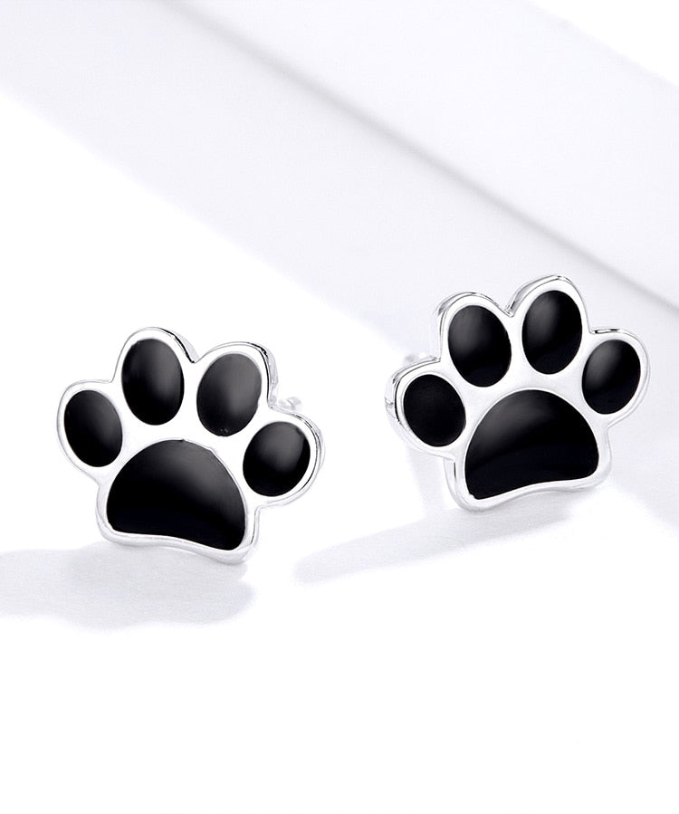 925 Sterling Silver Paw Print Black Stud Earrings FIE757