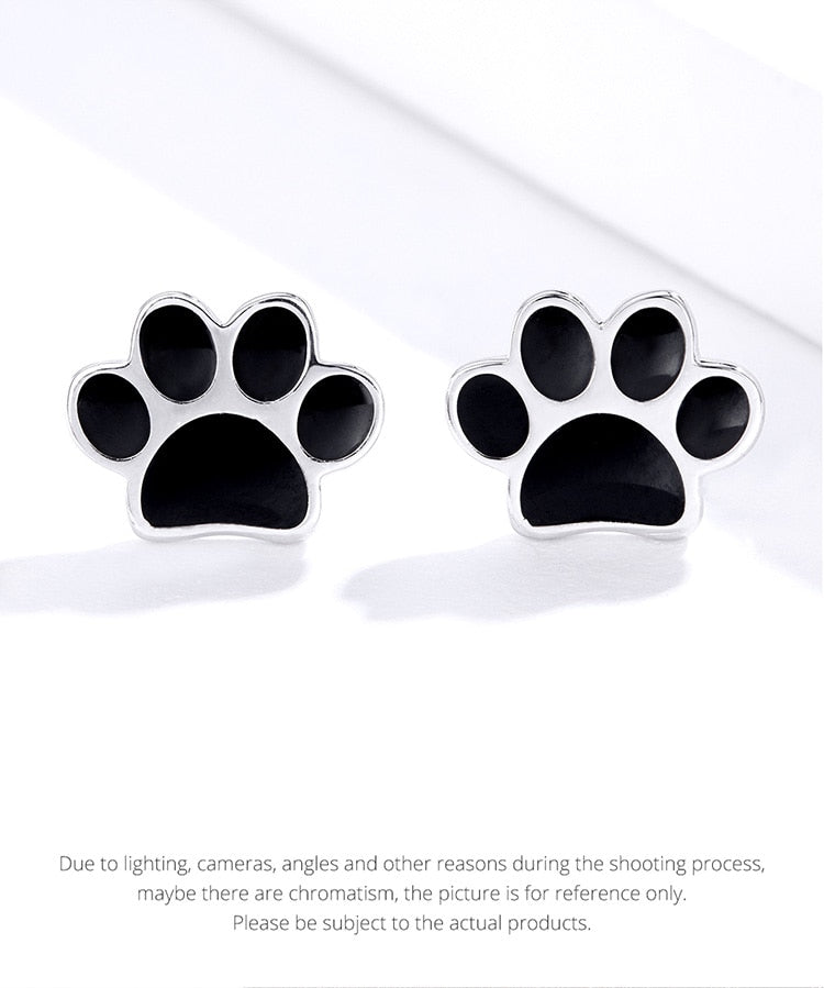 925 Sterling Silver Paw Print Black Stud Earrings FIE757