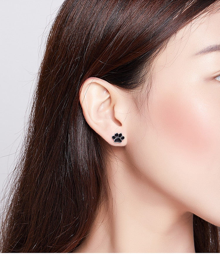 925 Sterling Silver Paw Print Black Stud Earrings FIE757