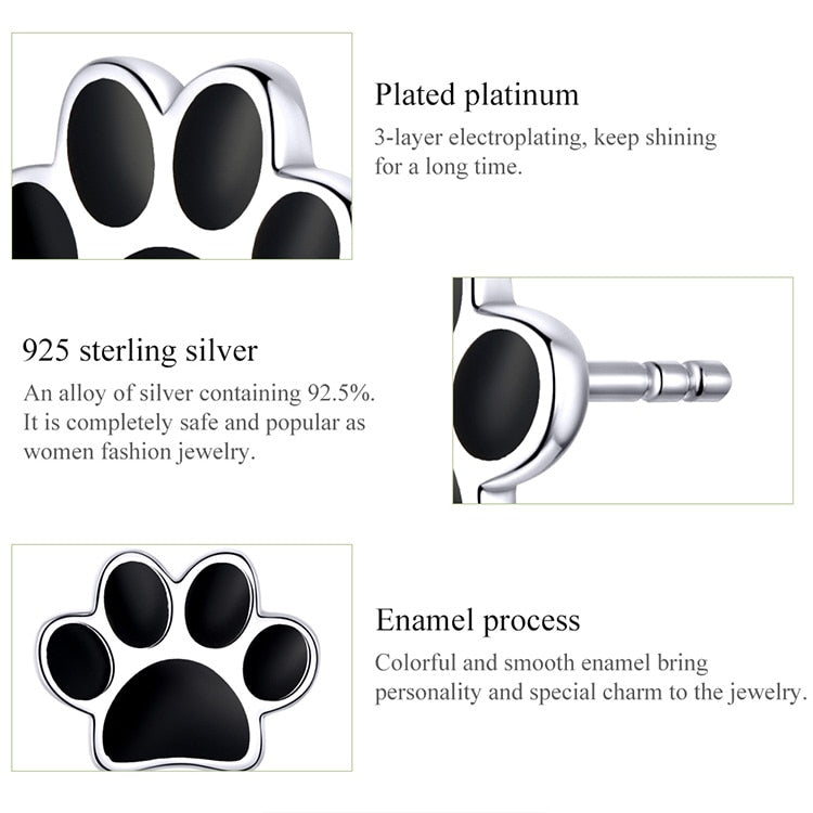 925 Sterling Silver Paw Print Black Stud Earrings FIE757