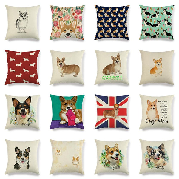 45*45 cm Cute Pet Dog Corgi Pattern Cotton Linen Pillow Case Cushion Cover