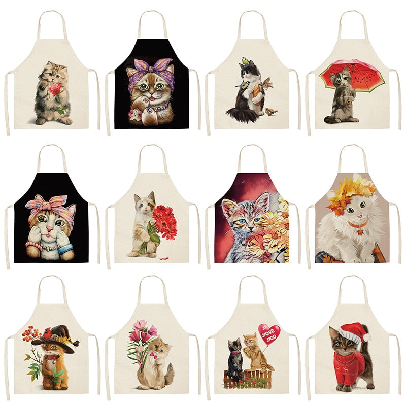 Fluffy Lovely Cat Cotton Linen Kitchen Printed Aprons WQL0200