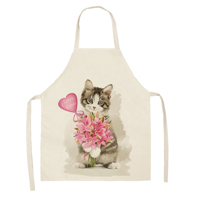 Fluffy Lovely Cat Cotton Linen Kitchen Printed Aprons WQL0200