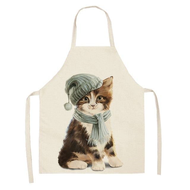 Fluffy Lovely Cat Cotton Linen Kitchen Printed Aprons WQL0200