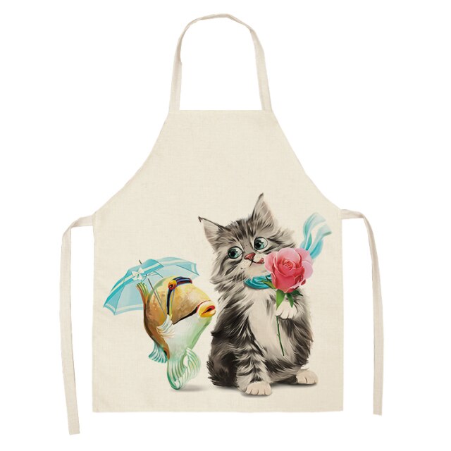 Fluffy Lovely Cat Cotton Linen Kitchen Printed Aprons WQL0200