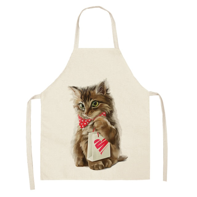 Fluffy Lovely Cat Cotton Linen Kitchen Printed Aprons WQL0200
