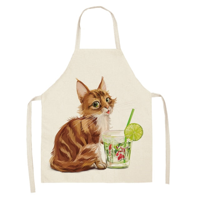 Fluffy Lovely Cat Cotton Linen Kitchen Printed Aprons WQL0200