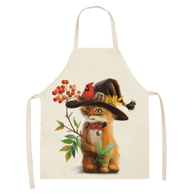 Fluffy Lovely Cat Cotton Linen Kitchen Printed Aprons WQL0200
