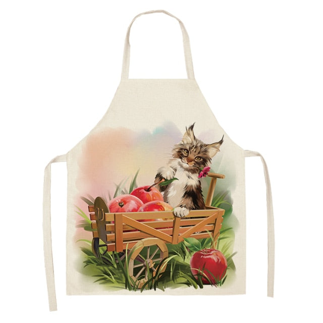 Fluffy Lovely Cat Cotton Linen Kitchen Printed Aprons WQL0200
