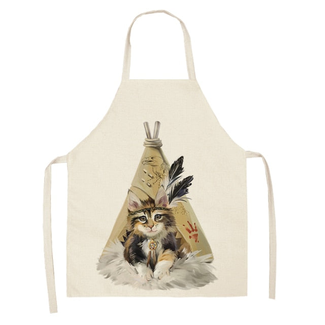Fluffy Lovely Cat Cotton Linen Kitchen Printed Aprons WQL0200