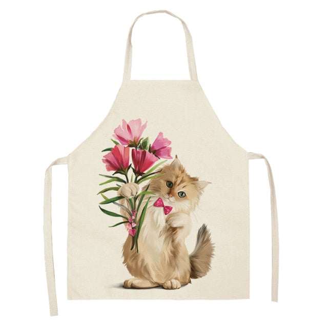 Fluffy Lovely Cat Cotton Linen Kitchen Printed Aprons WQL0200