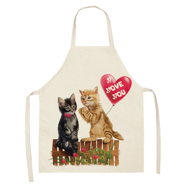 Fluffy Lovely Cat Cotton Linen Kitchen Printed Aprons WQL0200