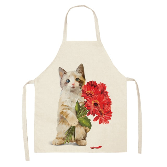 Fluffy Lovely Cat Cotton Linen Kitchen Printed Aprons WQL0200
