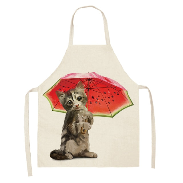 Fluffy Lovely Cat Cotton Linen Kitchen Printed Aprons WQL0200