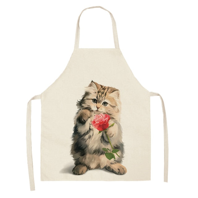 Fluffy Lovely Cat Cotton Linen Kitchen Printed Aprons WQL0200