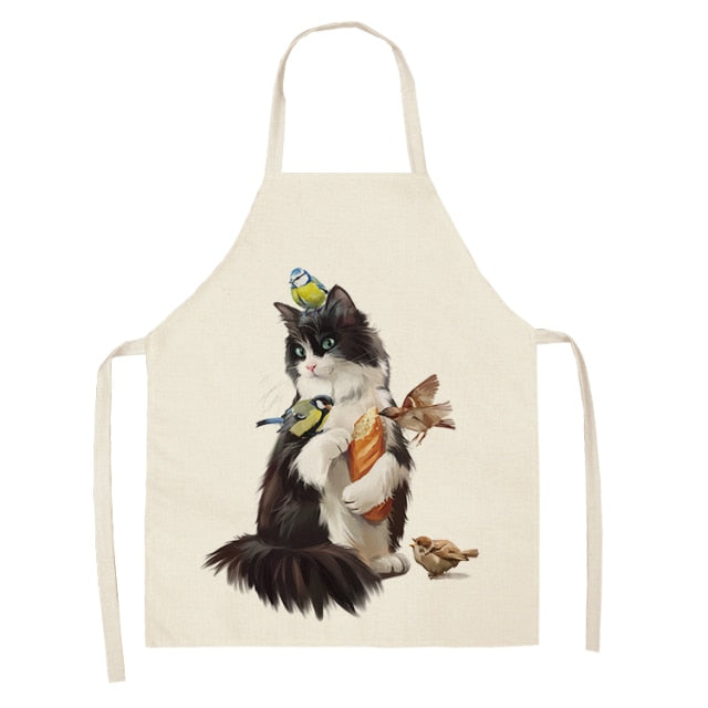 Fluffy Lovely Cat Cotton Linen Kitchen Printed Aprons WQL0200