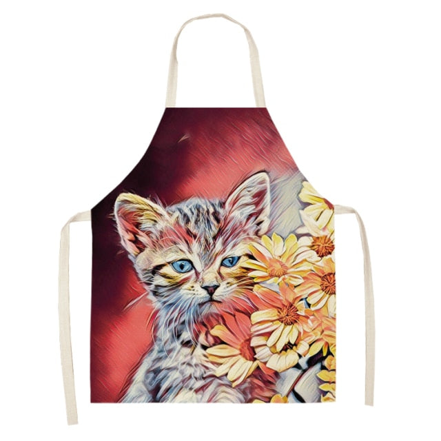 Fluffy Lovely Cat Cotton Linen Kitchen Printed Aprons WQL0200