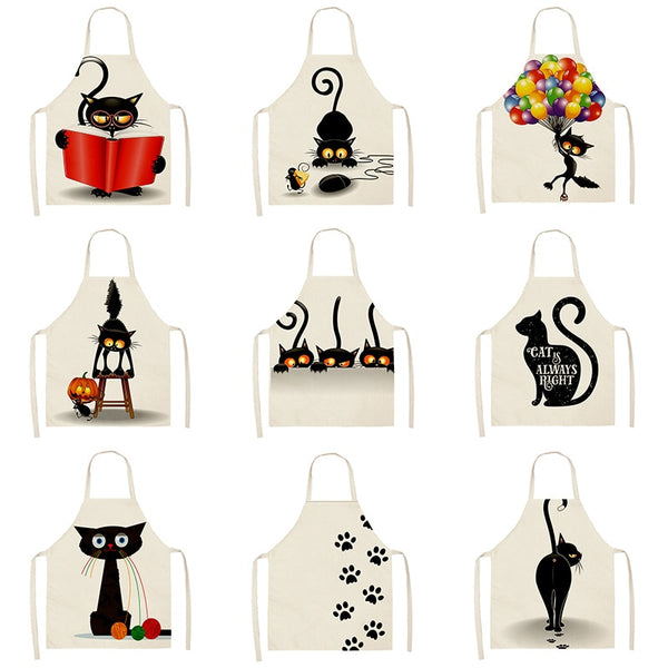 Black Cute Cat Pattern Cotton Linen Kitchen Printed Aprons 46392