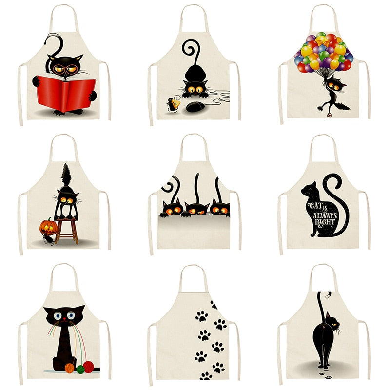 Black Cute Cat Pattern Cotton Linen Kitchen Printed Aprons 46392