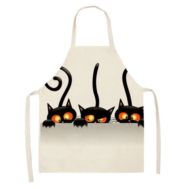 Black Cute Cat Pattern Cotton Linen Kitchen Printed Aprons 46392