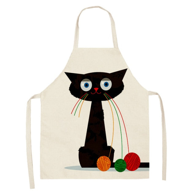 Black Cute Cat Pattern Cotton Linen Kitchen Printed Aprons 46392