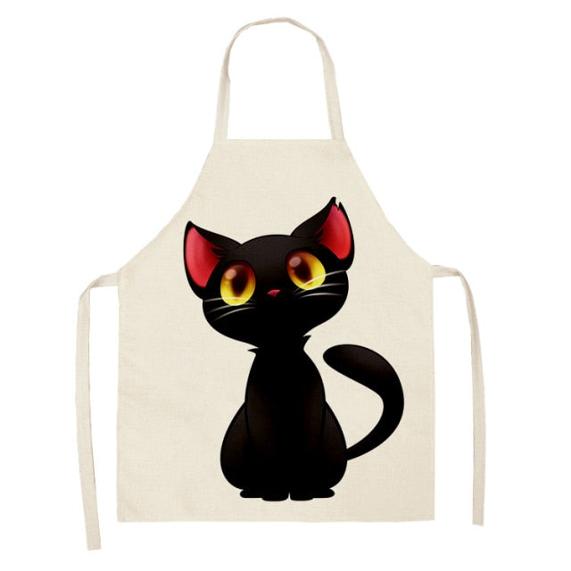 Black Cute Cat Pattern Cotton Linen Kitchen Printed Aprons 46392