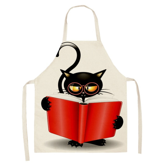 Black Cute Cat Pattern Cotton Linen Kitchen Printed Aprons 46392