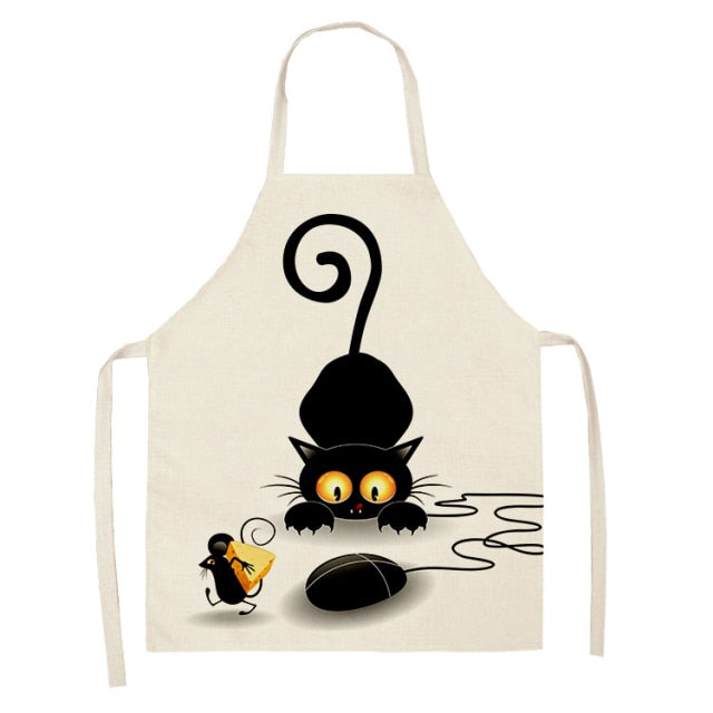 Black Cute Cat Pattern Cotton Linen Kitchen Printed Aprons 46392