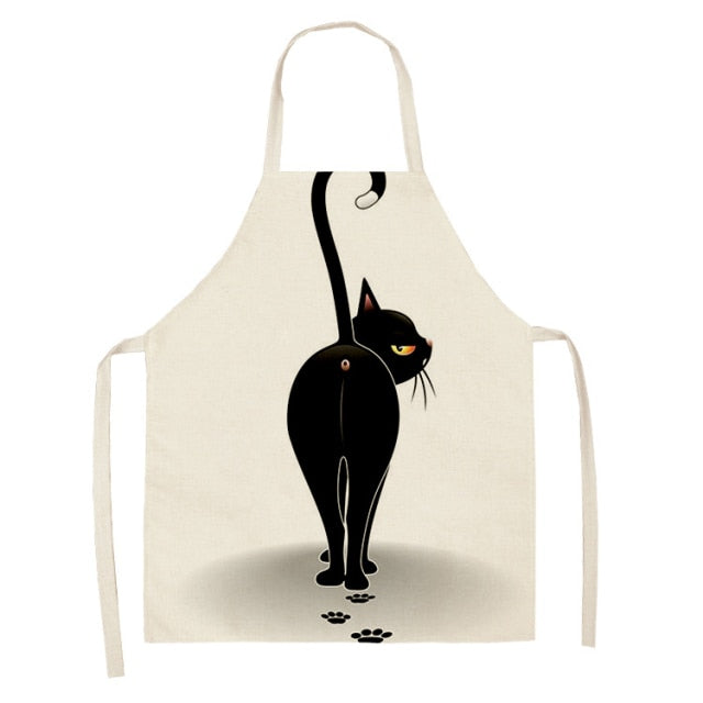 Black Cute Cat Pattern Cotton Linen Kitchen Printed Aprons 46392