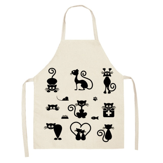 Black Cute Cat Pattern Cotton Linen Kitchen Printed Aprons 46392