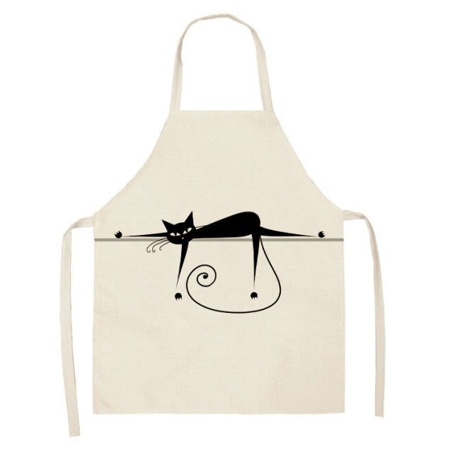 Black Cute Cat Pattern Cotton Linen Kitchen Printed Aprons 46392