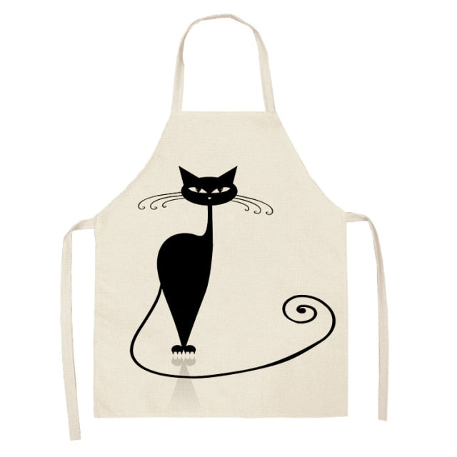 Black Cute Cat Pattern Cotton Linen Kitchen Printed Aprons 46392