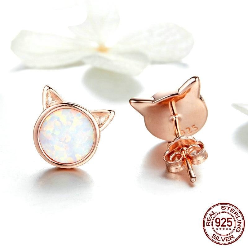 925 Sterling Silver Cute Cat Rose Gold Opal Stone Stud Earrings FIE538