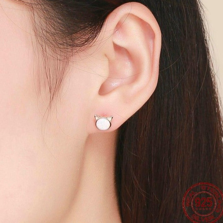 925 Sterling Silver Cute Cat Rose Gold Opal Stone Stud Earrings FIE538