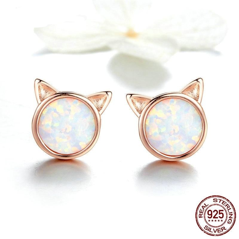 925 Sterling Silver Cute Cat Rose Gold Opal Stone Stud Earrings FIE538